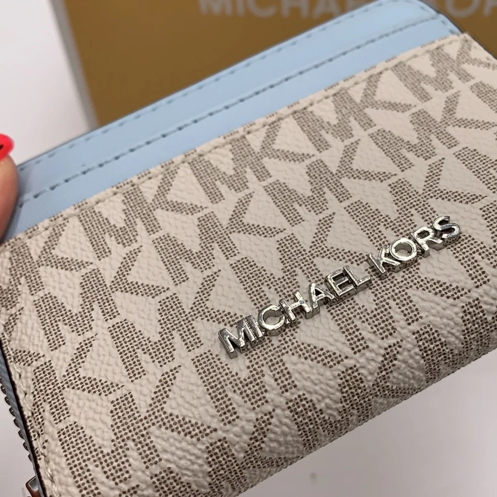 MICHAEL KORS MEDIUM ZIP AROUND CARD CASE VSTA BLUE MULTI SIGNATURE COLOR